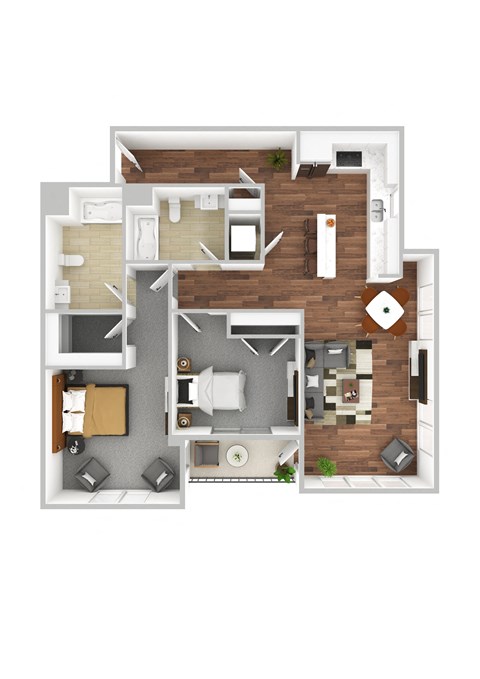 bedroom floor plan an in 3d at The Elm at Island Creek Village, Duxbury, MA 02332